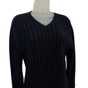 Vintage DKNY Sweater Womens XL‎ Black Cotton Rib Knit V Neck 90s Minimalist Y2K
